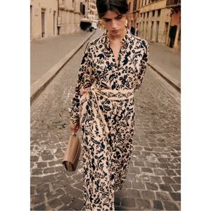 SEZANE Cream & Black Floral Printed Button Down Belted Maxi Dress Fernanda Dress